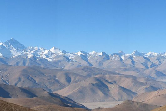 Tibet Himalayan panorama seen from north Everest Base Camp from Tibet.