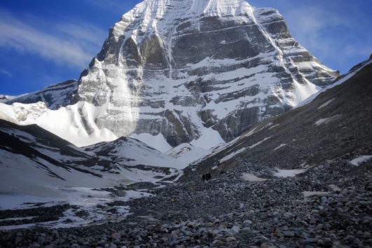 View over the Mt. Kailash while trekking from Darchen to Dira Puk